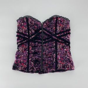 Bebe Strapless Floral Front Zip Lace Trim Top